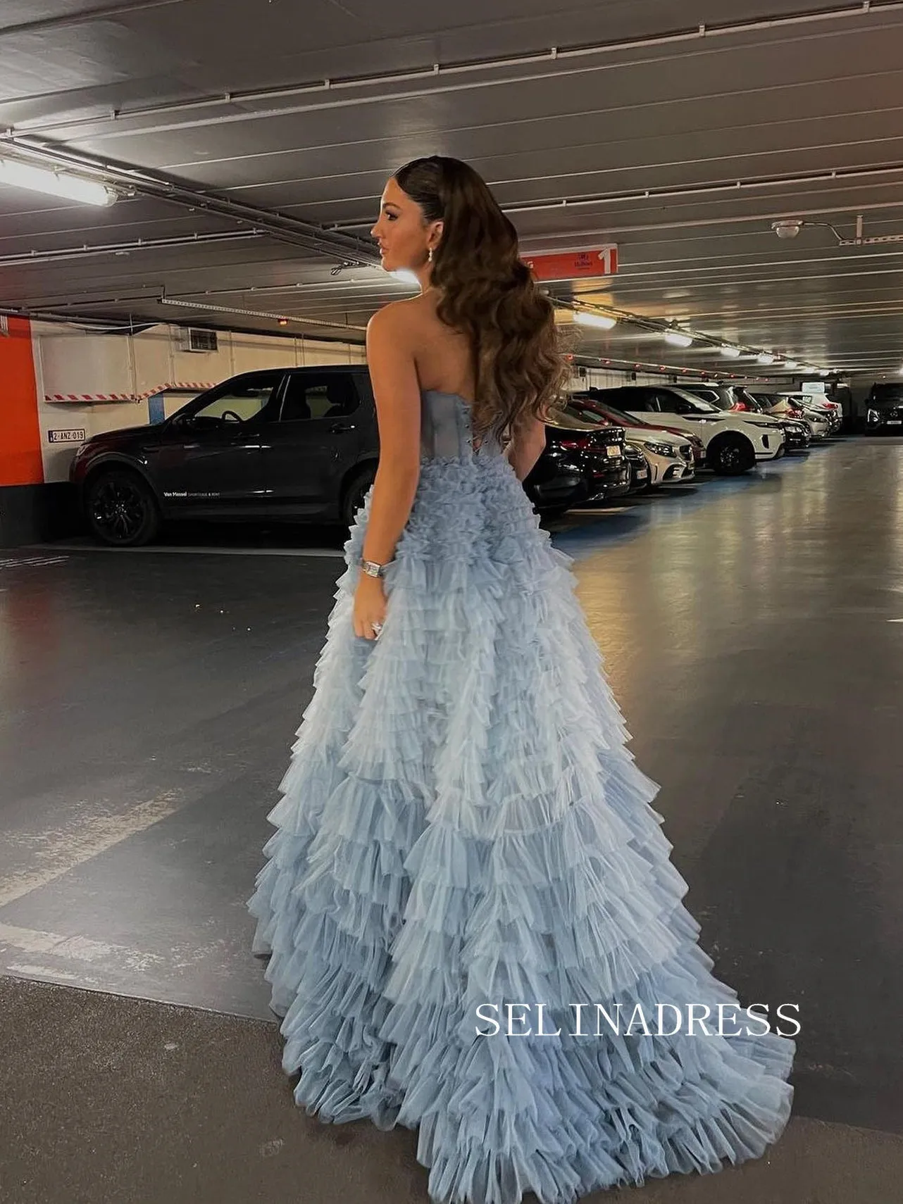 Strapless Gorgeous Frill Layered Ball Gown Sweetheart Blue Evening Dress Formal Dress #JKW005