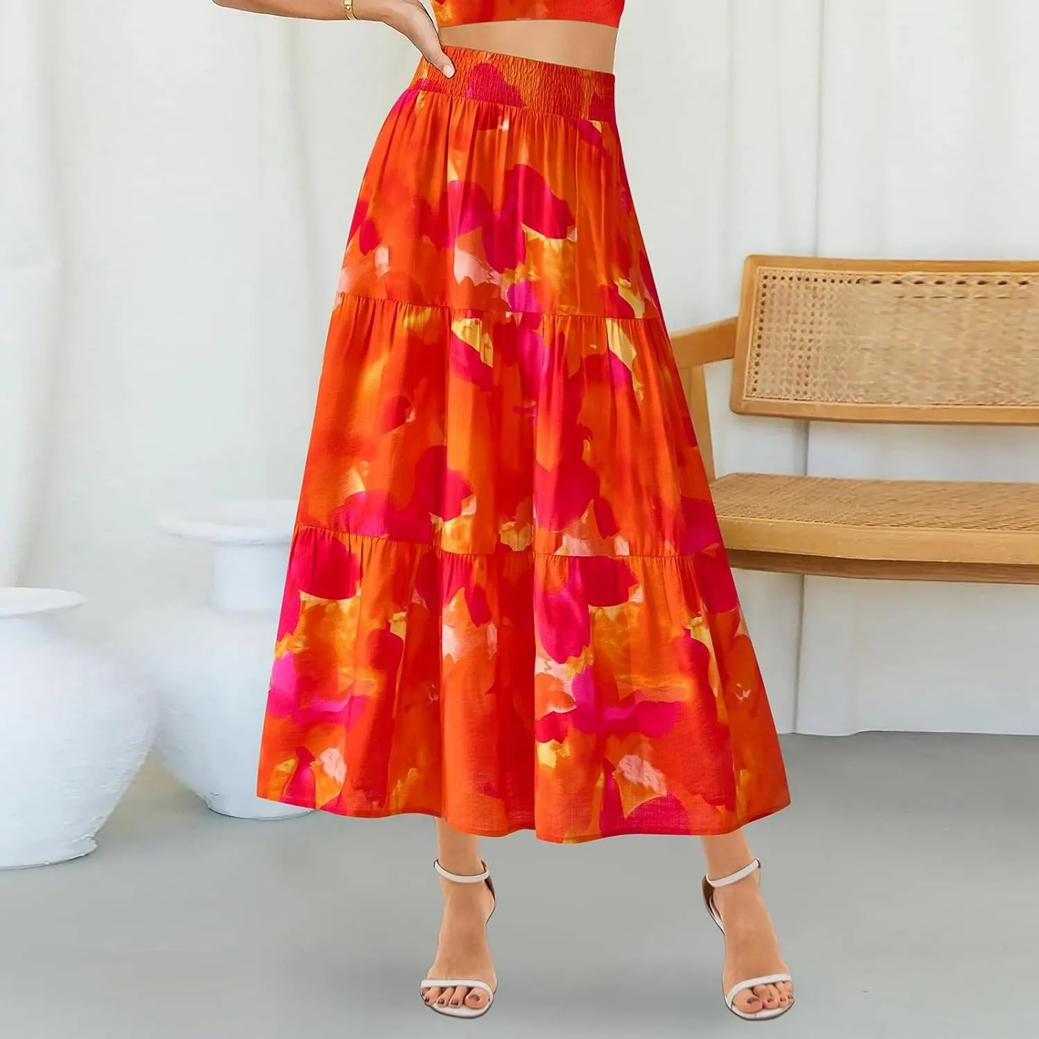 Summer Skirts for Women 2025 Loose Casual Trendy Elastic Waist Floral Print Boho Maxi Beach Skirt, S-2XL