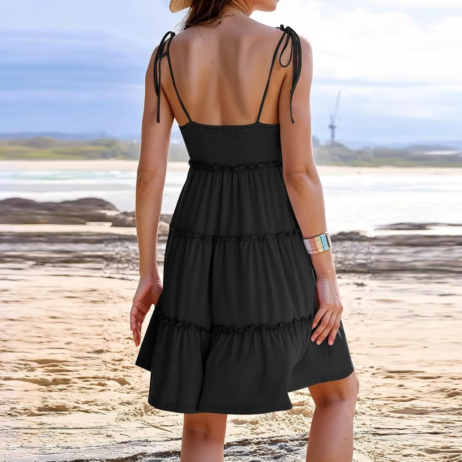 Sundresses for Women Vacation Spaghetti Strap Backless Floral Mini Dress Flowy Summer Tiered Ruffle Skater Dress