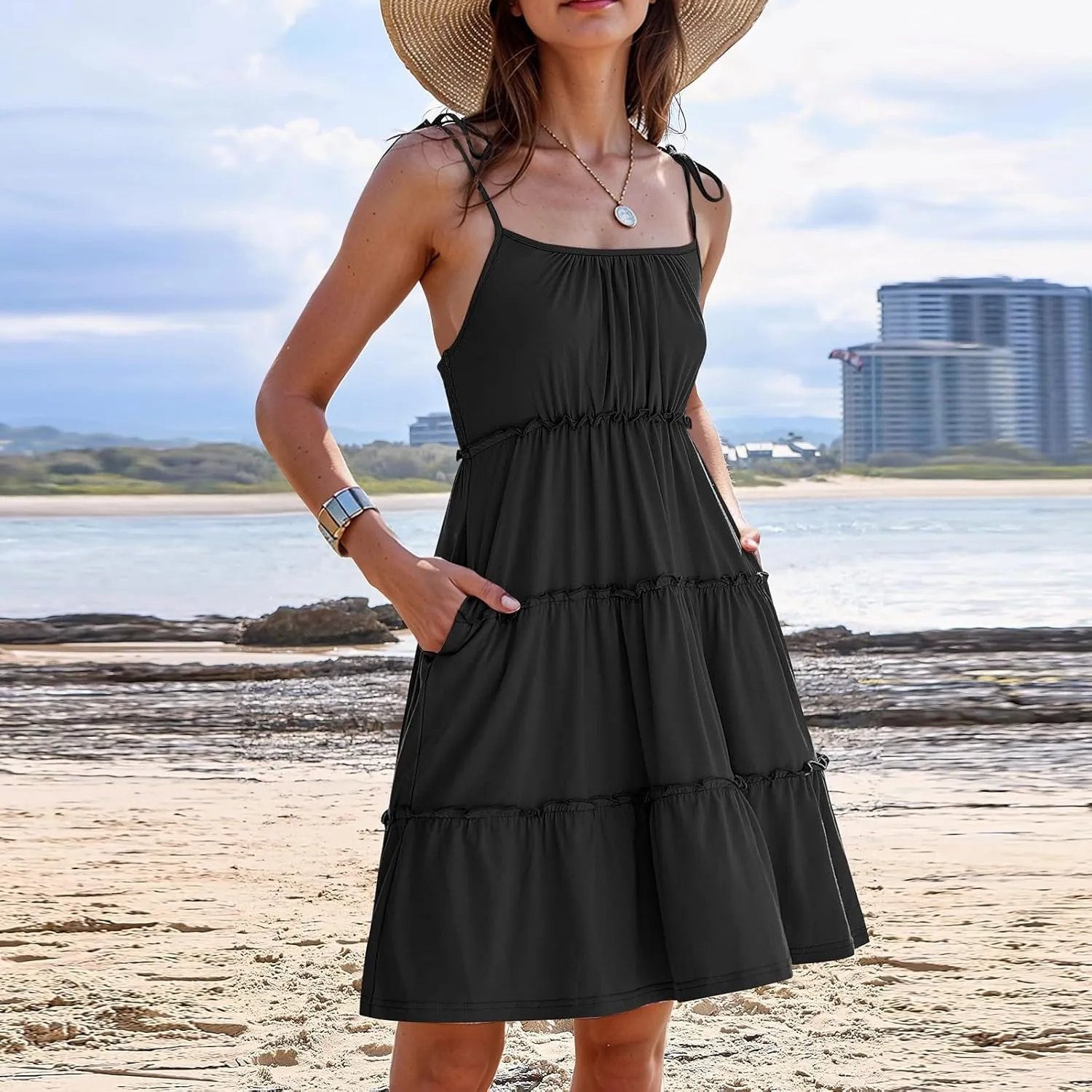 Sundresses for Women Vacation Spaghetti Strap Backless Floral Mini Dress Flowy Summer Tiered Ruffle Skater Dress