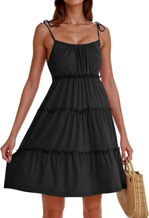 Sundresses for Women Vacation Spaghetti Strap Backless Floral Mini Dress Flowy Summer Tiered Ruffle Skater Dress
