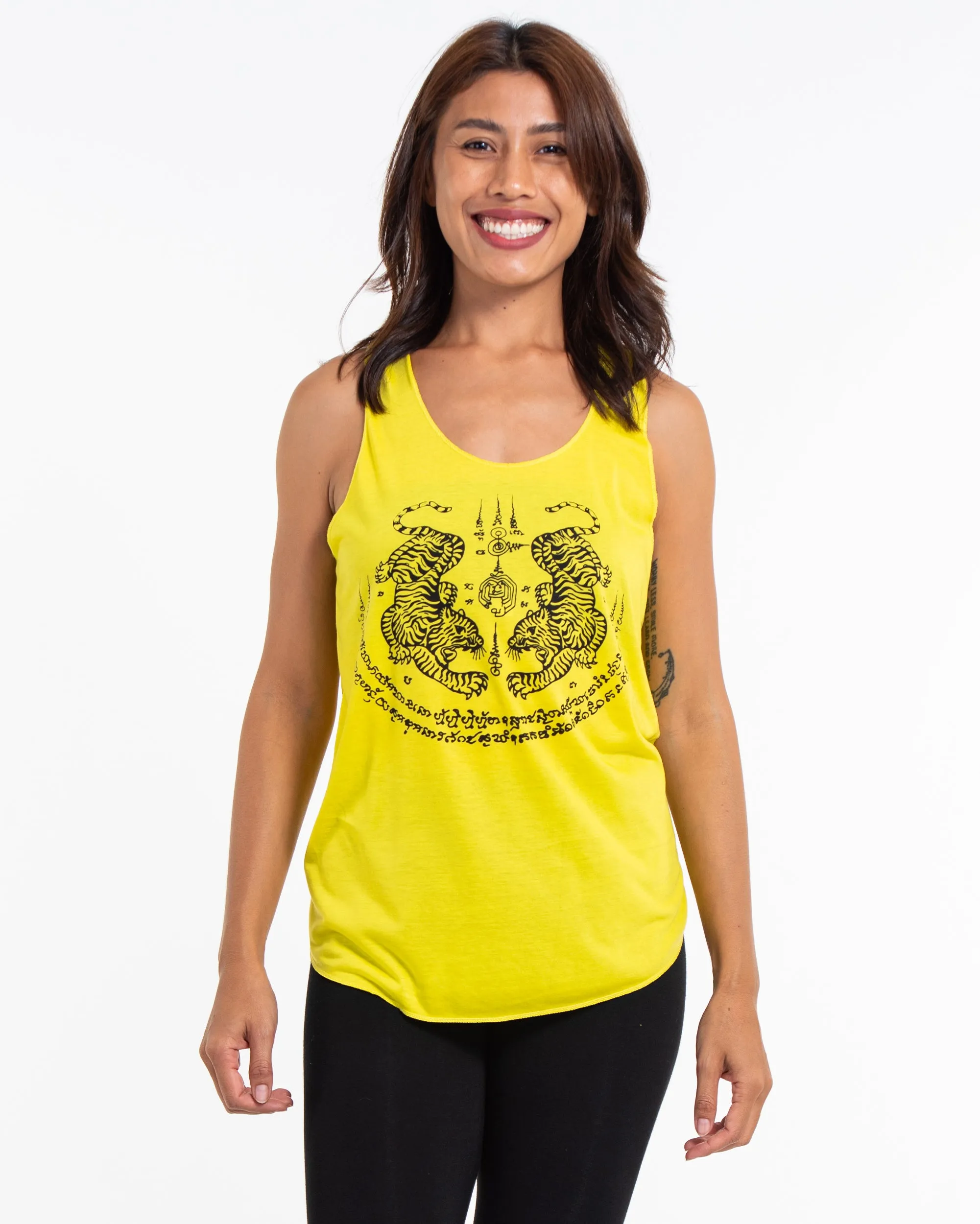 Super Soft Cotton Womens Tiger Tattoo Tank Top in Yellow