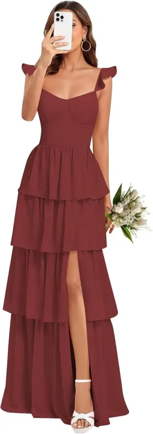 Tiered Ruffles Bridesmaid Dresses for Women 2025 Chiffon Formal Evening Dresses with Slit