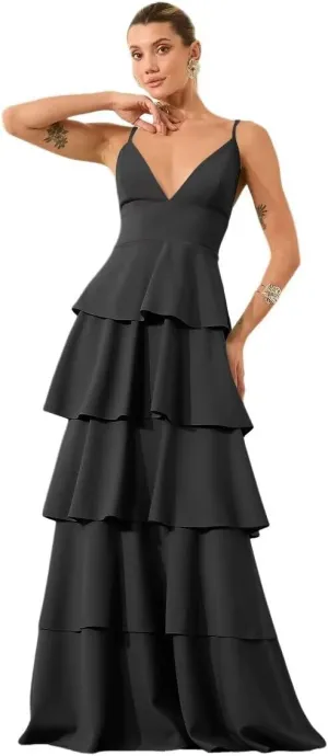 Tiered Ruffles Bridesmaid Dresses Long Chiffon V Neck Pleated Formal Evening Dress Hi011