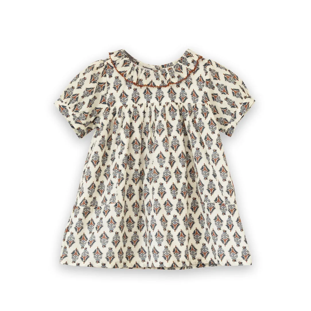 Toddler Emily dress with Lace trim | Teal and Brown Jewel Handblock