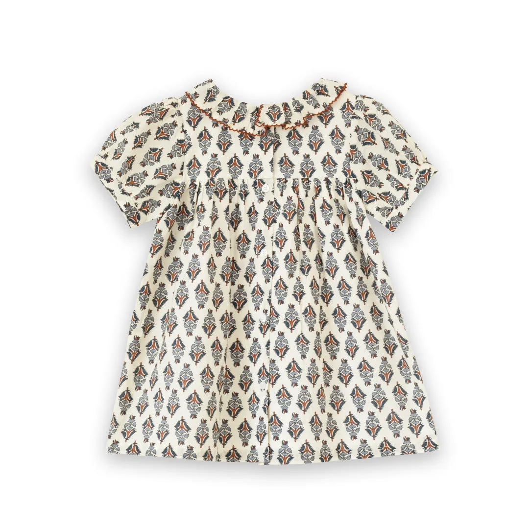Toddler Emily dress with Lace trim | Teal and Brown Jewel Handblock