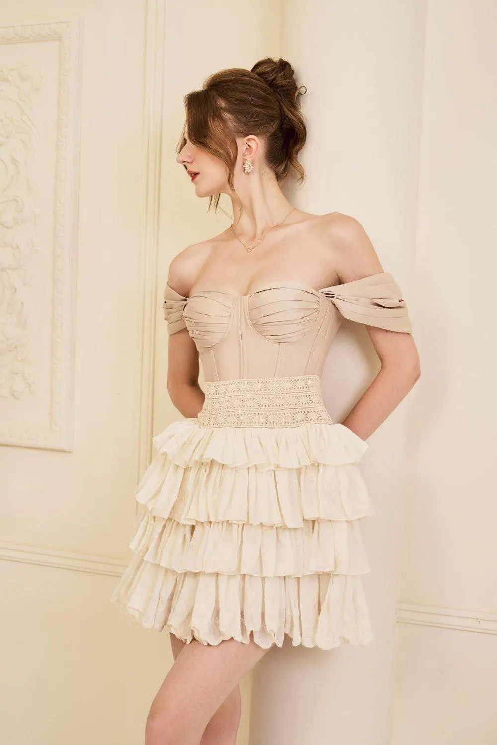 Trouble Layered Off-Shoulder Taffeta Silk Mini Dress