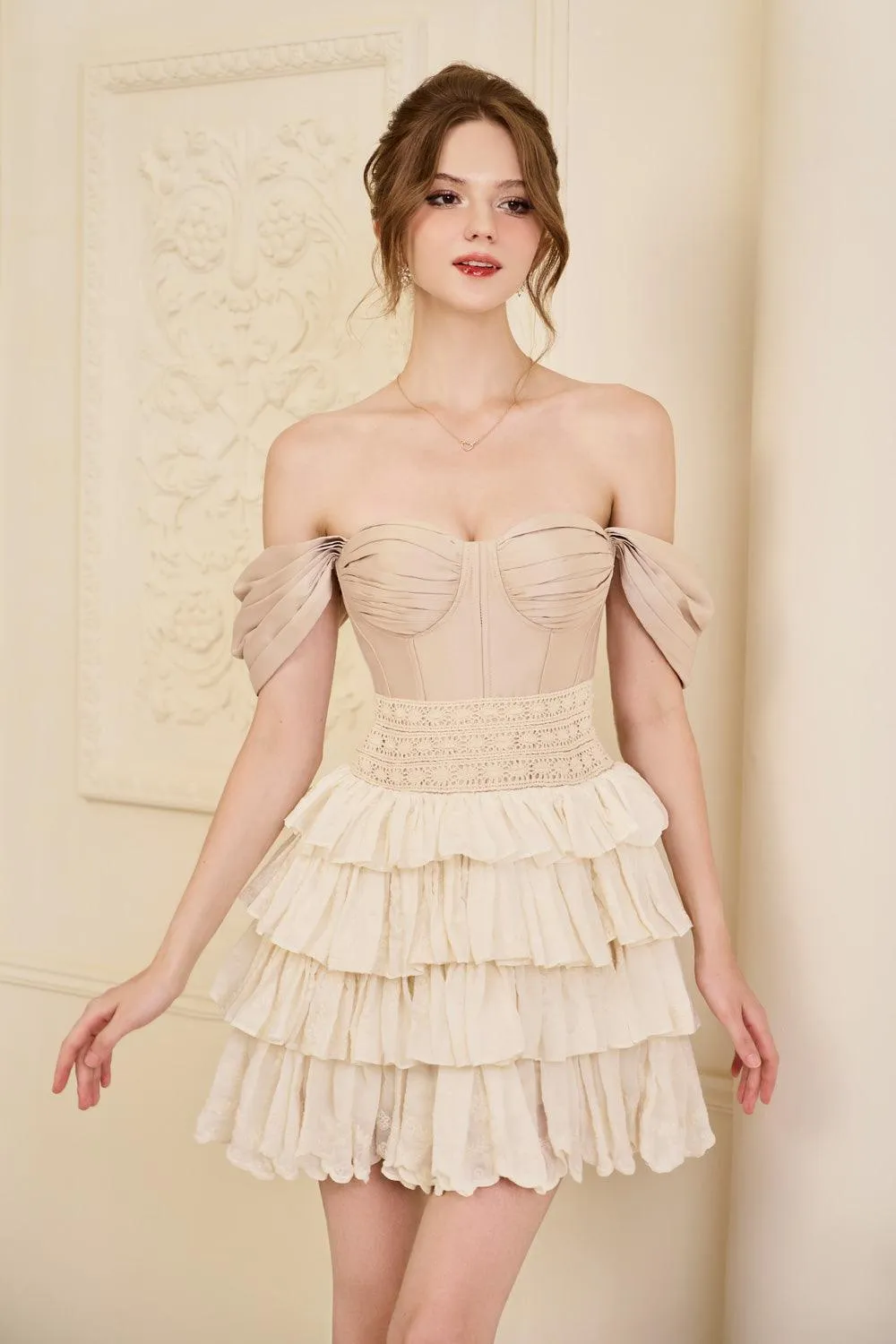 Trouble Layered Off-Shoulder Taffeta Silk Mini Dress