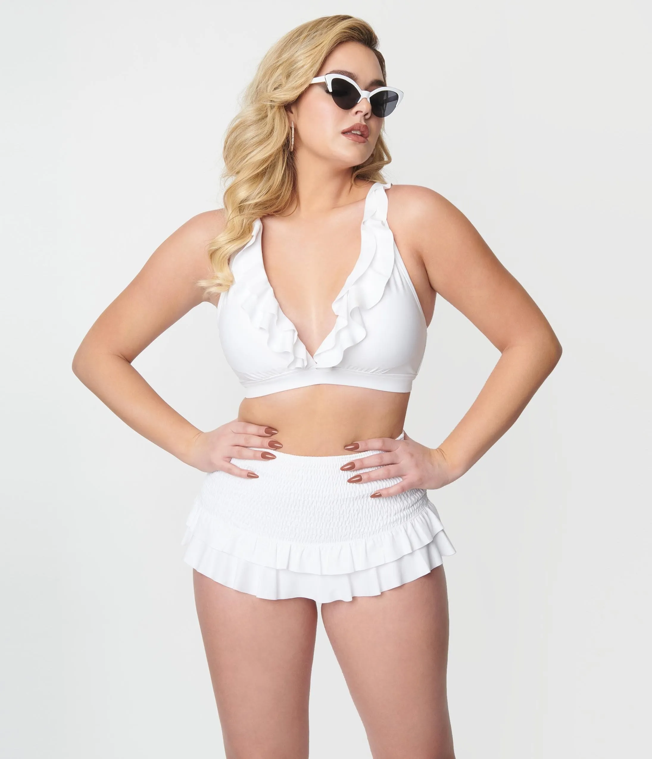 Unique Vintage White Shirred Skirt Swim Bottom
