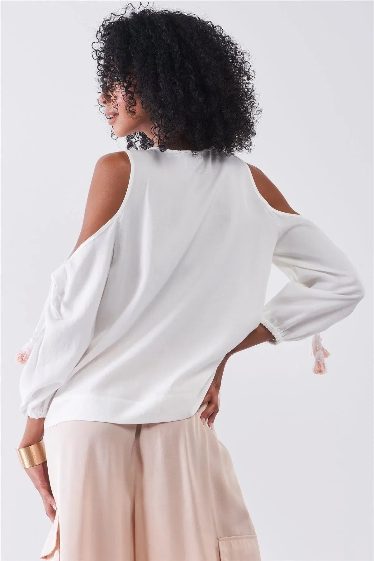 White Boho Cold Shoulder Balloon Sleeve Tassel Tie Neck Detail Relaxed Country Blouse Top /2-2-1