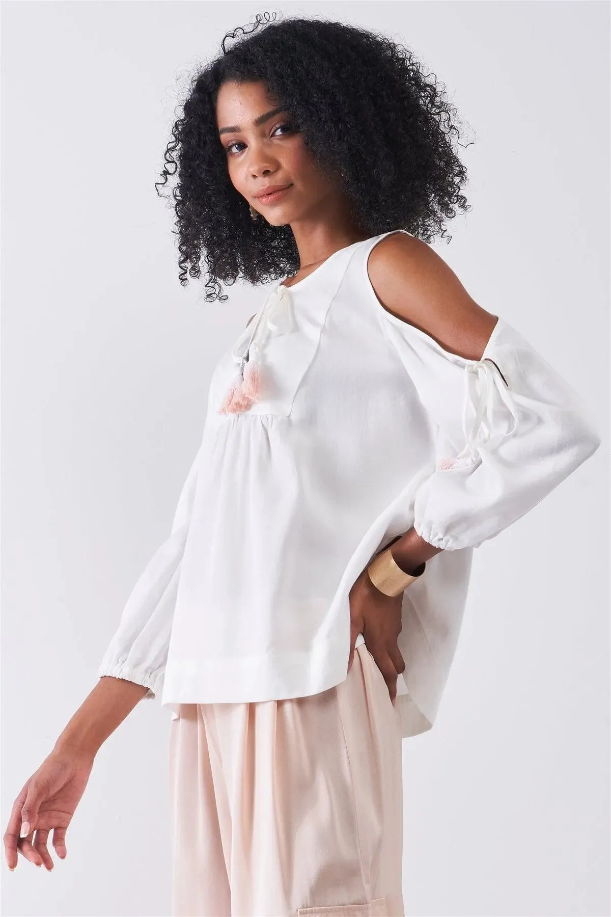 White Boho Cold Shoulder Balloon Sleeve Tassel Tie Neck Detail Relaxed Country Blouse Top /2-2-1