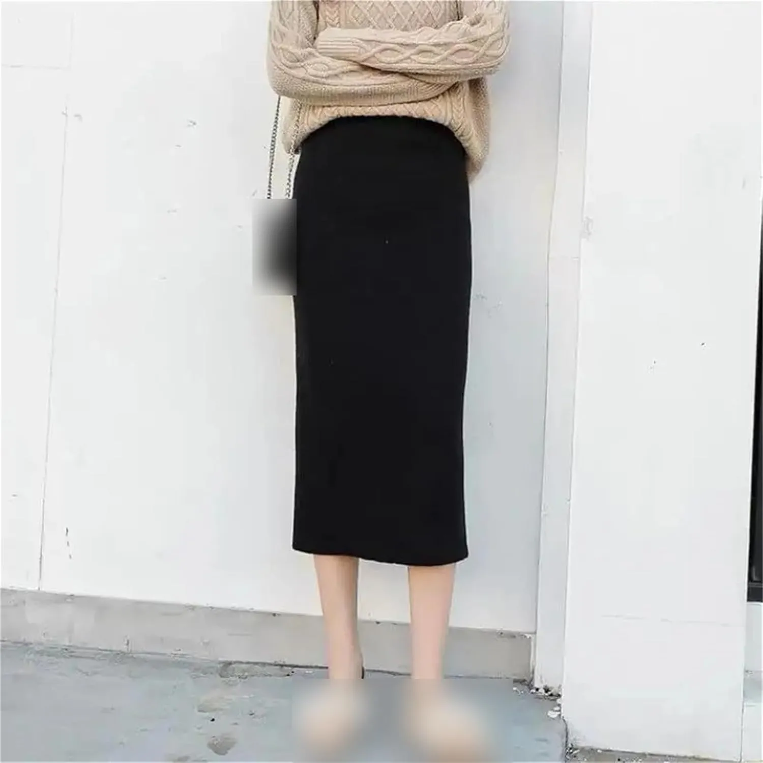 Women Bodycon Split Pencil Skirt Autumn Winter Casual High Waist Slim Knit Skirts