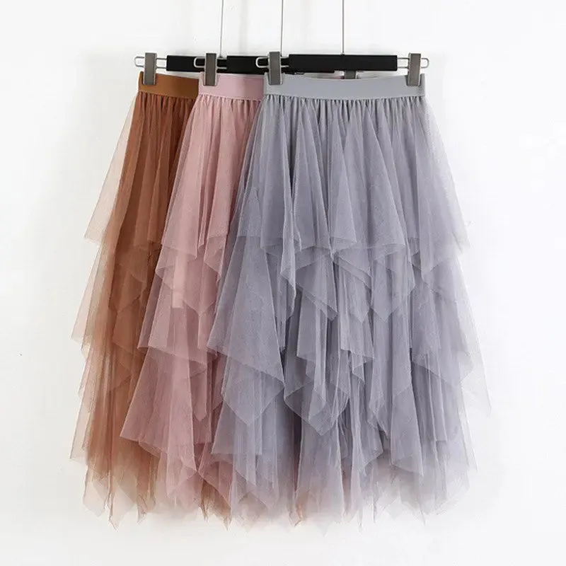 Women Skirts Elastic High Waist Irregular Mesh A-line Skirt