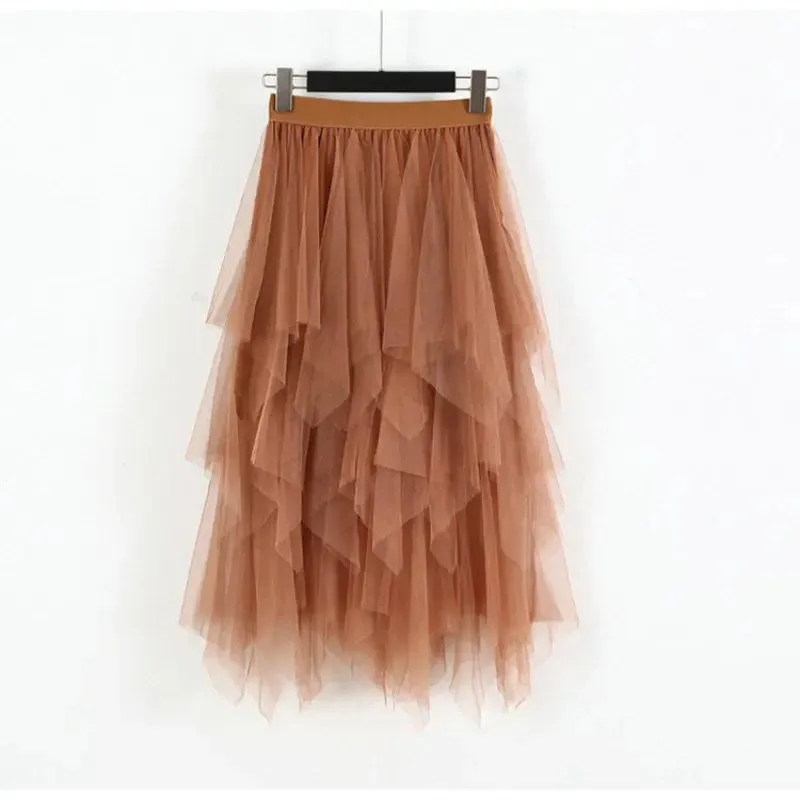 Women Skirts Elastic High Waist Irregular Mesh A-line Skirt