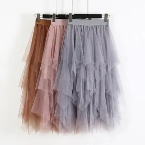Women Skirts Elastic High Waist Irregular Mesh A-line Skirt