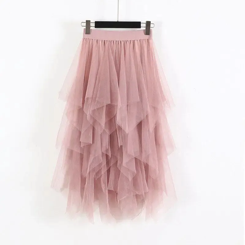 Women Skirts Elastic High Waist Irregular Mesh A-line Skirt