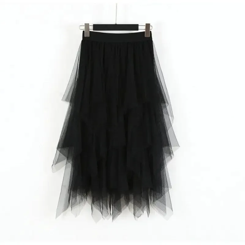 Women Skirts Elastic High Waist Irregular Mesh A-line Skirt