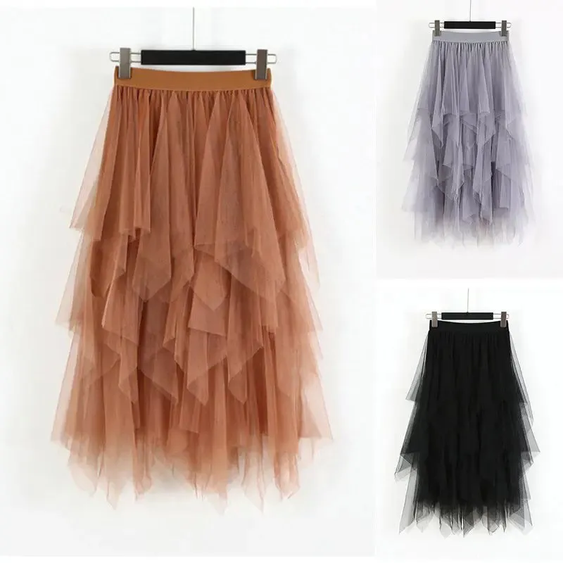 Women Skirts Elastic High Waist Irregular Mesh A-line Skirt