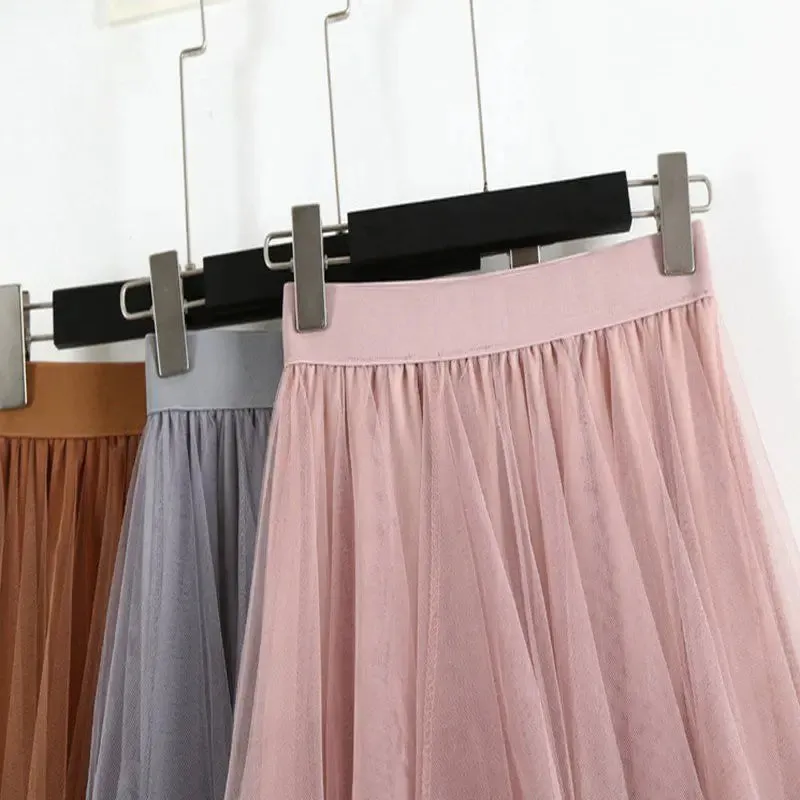 Women Skirts Elastic High Waist Irregular Mesh A-line Skirt
