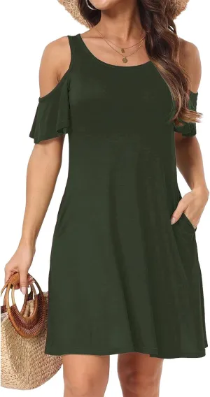 Women's Cold Shoulder Dress Casual Short Sleeve Crew Neck Mini Dress Summer Fashion T Shirt Dresses Solid Color Sundress