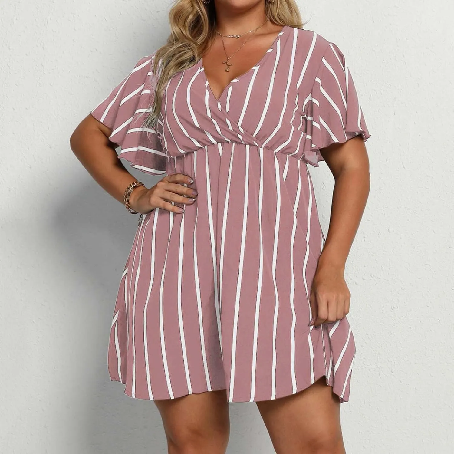 Women's Plus Size Dress Striped Print Wrap V Neck Short Sleeve A Line Dresses Summer Casual Tunic Fashion Dress