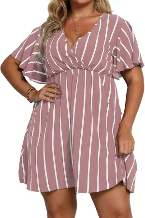 Women's Plus Size Dress Striped Print Wrap V Neck Short Sleeve A Line Dresses Summer Casual Tunic Fashion Dress