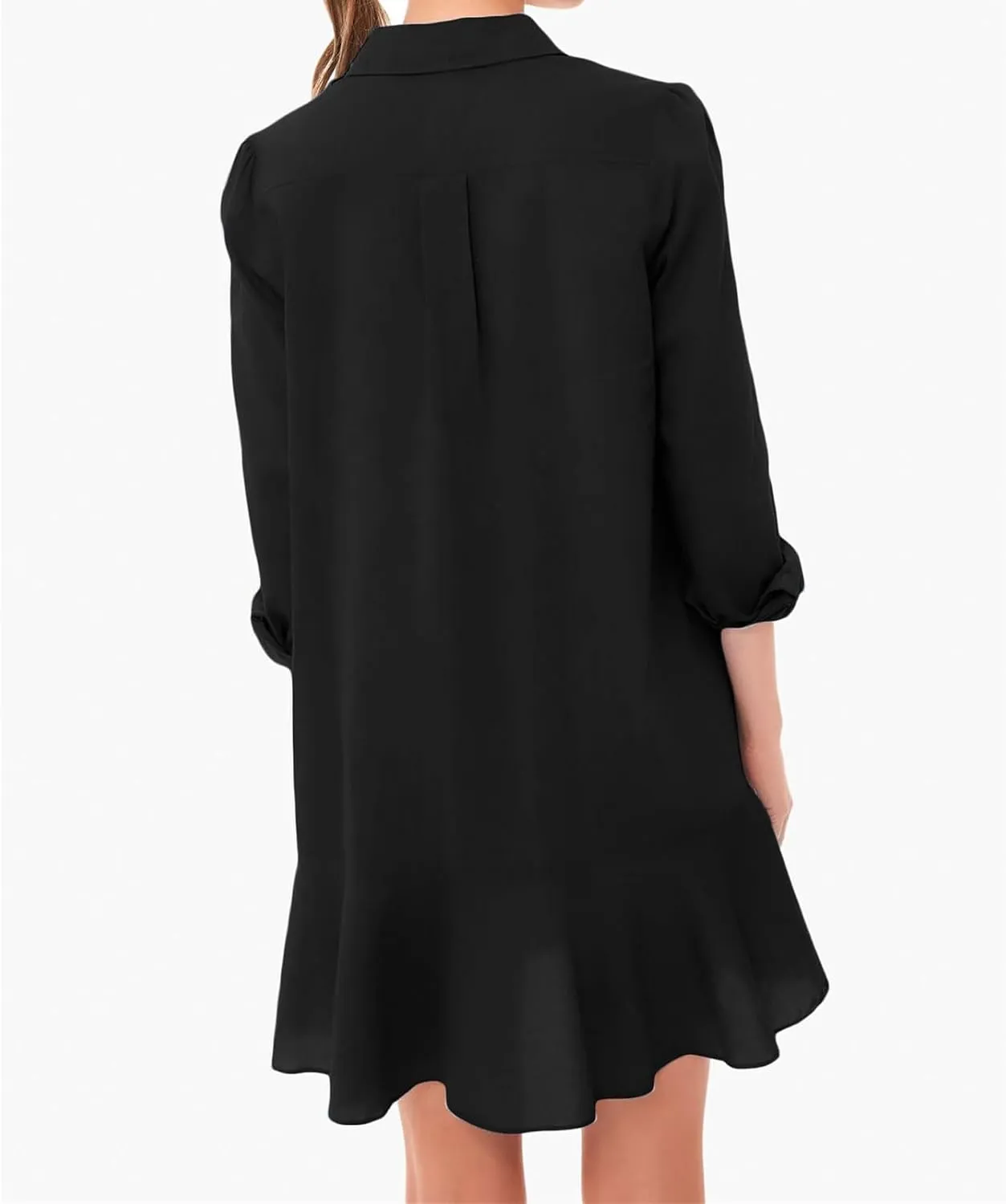 Women's Shirt Dress Lapel Long Sleeve Button Down Mini Dresses Solid Flowy Ruffle Hem Swing Summer Loose Dress