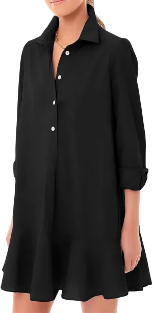 Women's Shirt Dress Lapel Long Sleeve Button Down Mini Dresses Solid Flowy Ruffle Hem Swing Summer Loose Dress