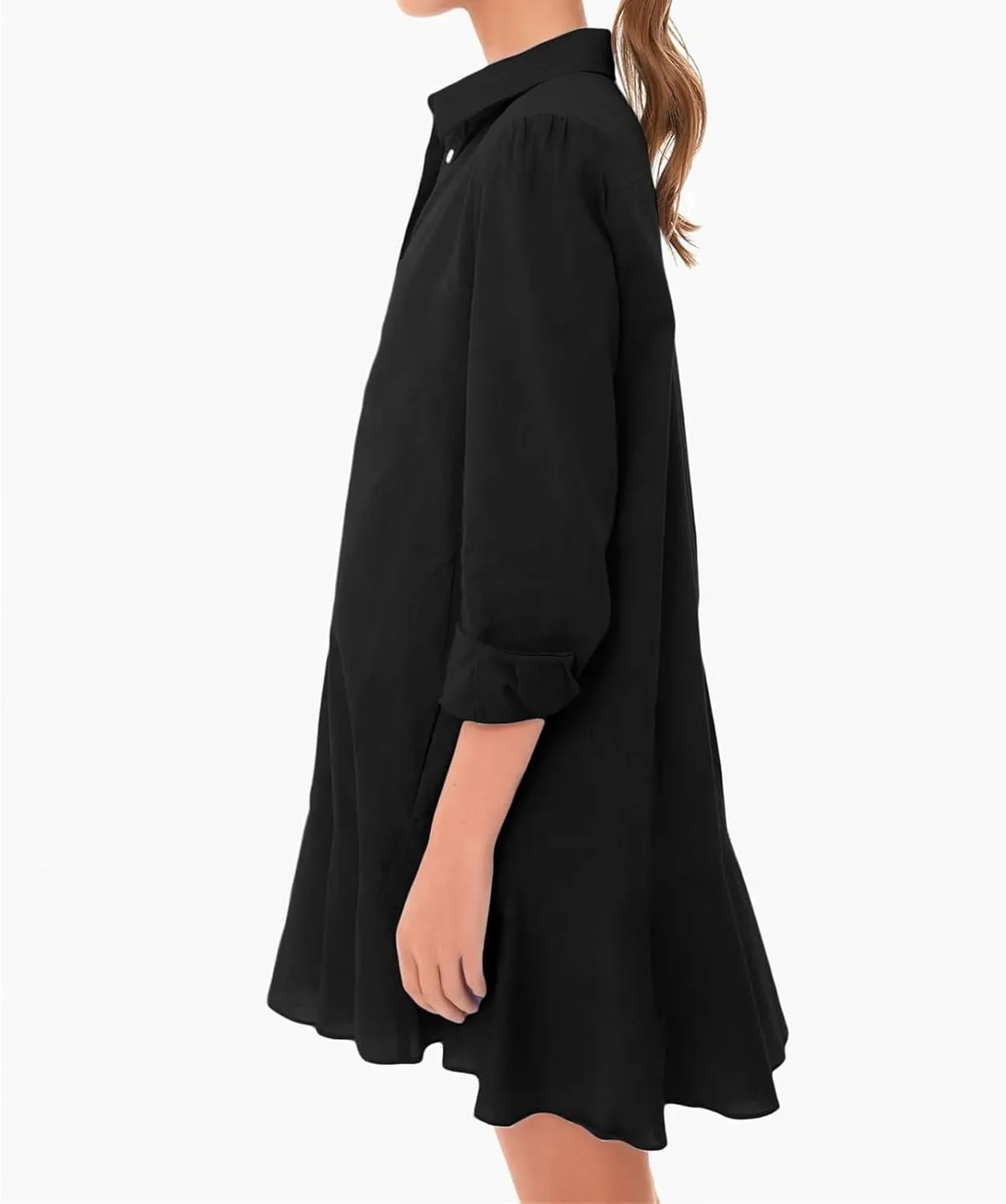 Women's Shirt Dress Lapel Long Sleeve Button Down Mini Dresses Solid Flowy Ruffle Hem Swing Summer Loose Dress