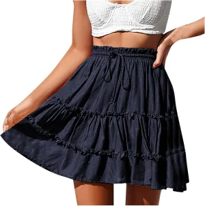 Women's Summer Boho Mini Skirt 2025 Elastic High Waist Drawstring Tiered Skirts Solid Color Pleated Beach Skirt