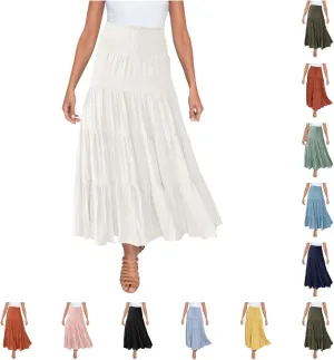 Women's Summer Boho Skirts Elastic High Waisted Pleated A Line Flowy Maxi Skirt Casual Beach Party Long Dress