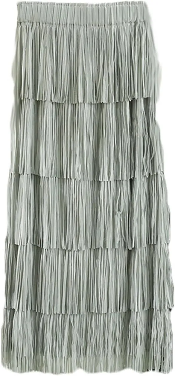 Women's Tassel High Waist Midi Skirts Solid Color Elegant Tiered Skirt Trendy A-Line Skirts Party Ankle Length Skirt