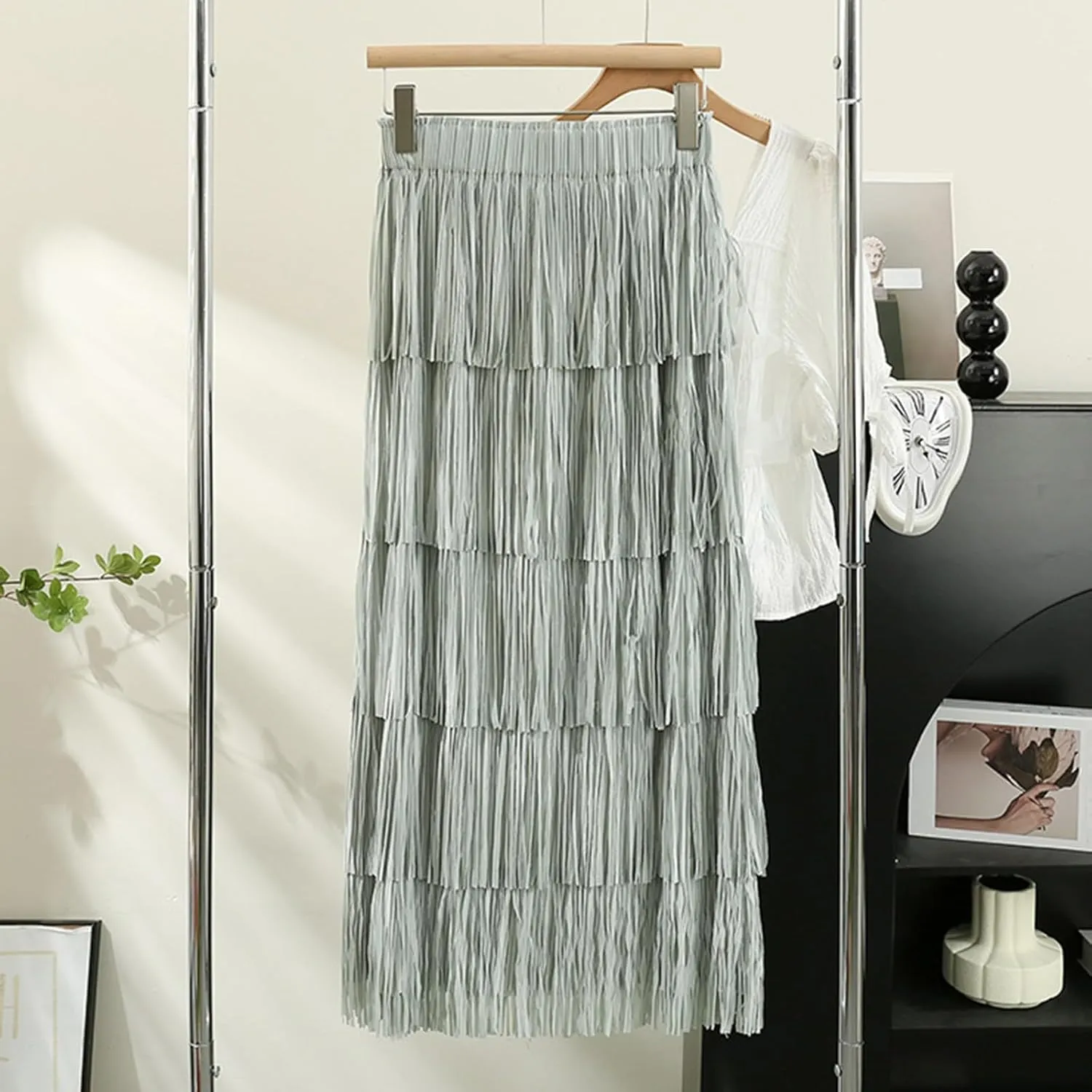 Women's Tassel High Waist Midi Skirts Solid Color Elegant Tiered Skirt Trendy A-Line Skirts Party Ankle Length Skirt