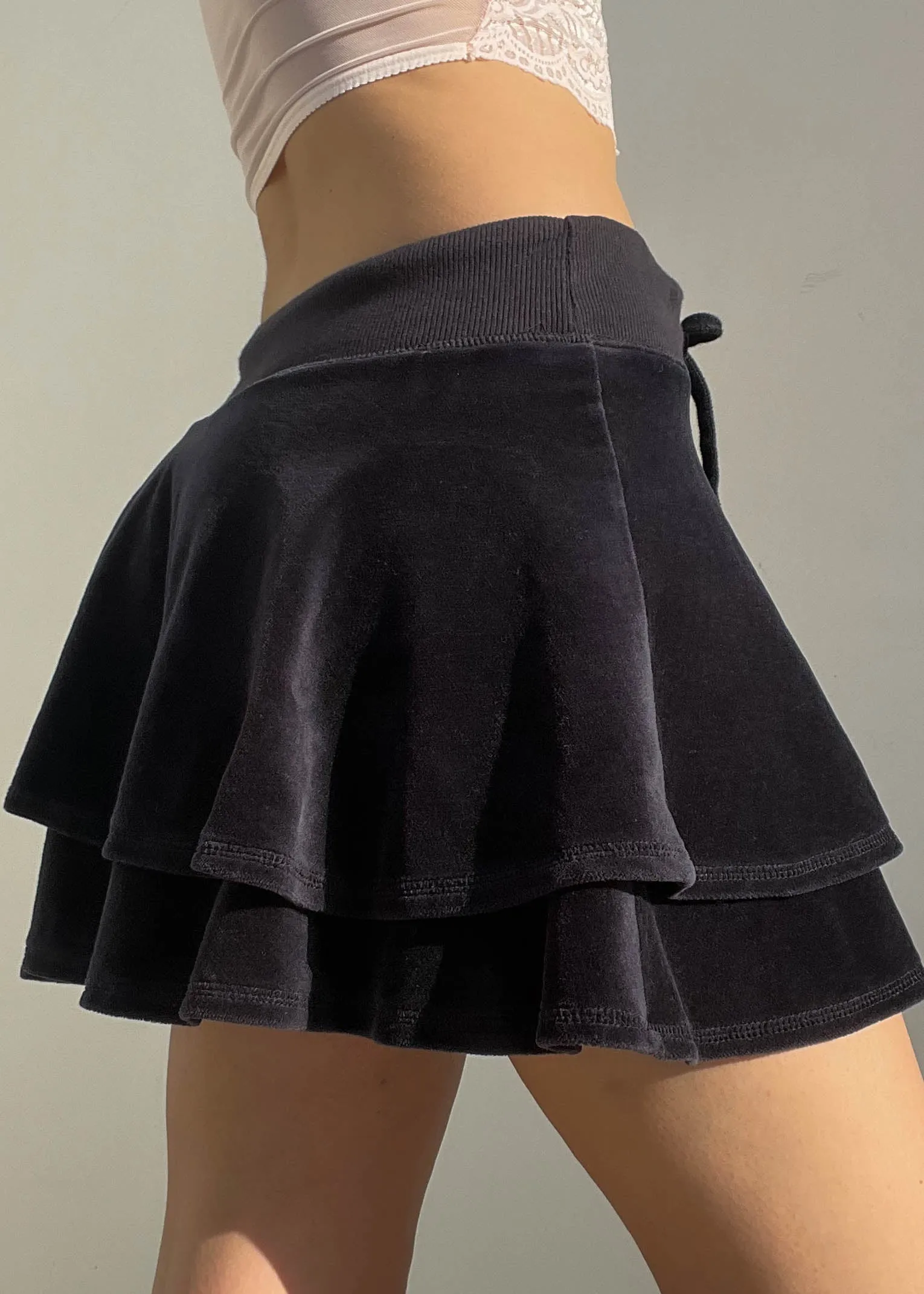 Y2k Black Velour Ruffle Mini Skirt