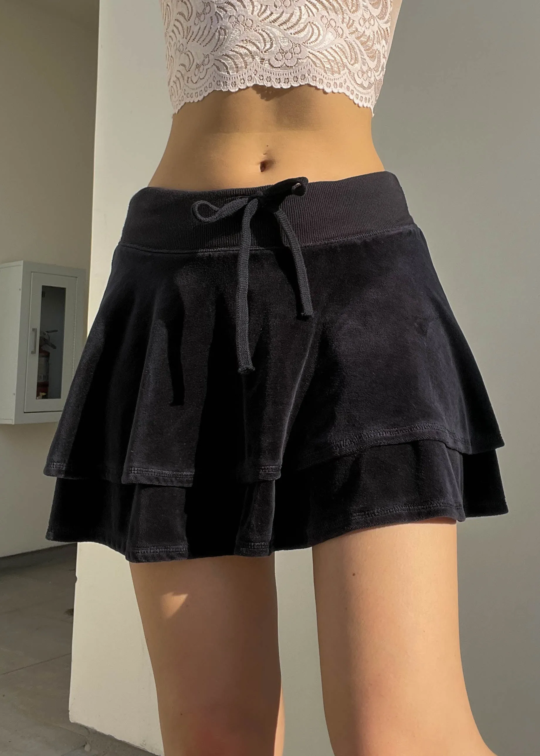 Y2k Black Velour Ruffle Mini Skirt